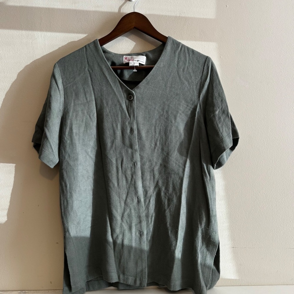 VTG Milano Design Group Linen Rayon Blouse Women's‎ S Sage Green Button Front